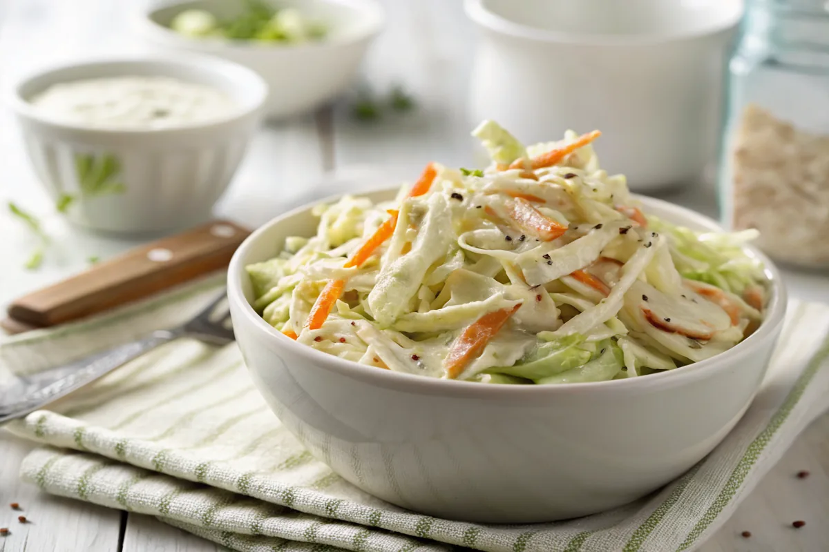 Close-up of creamy Texas coleslaw showing distinct crunchy cabbage ribbons coated in a light buttermilk dressing with visible celery seed