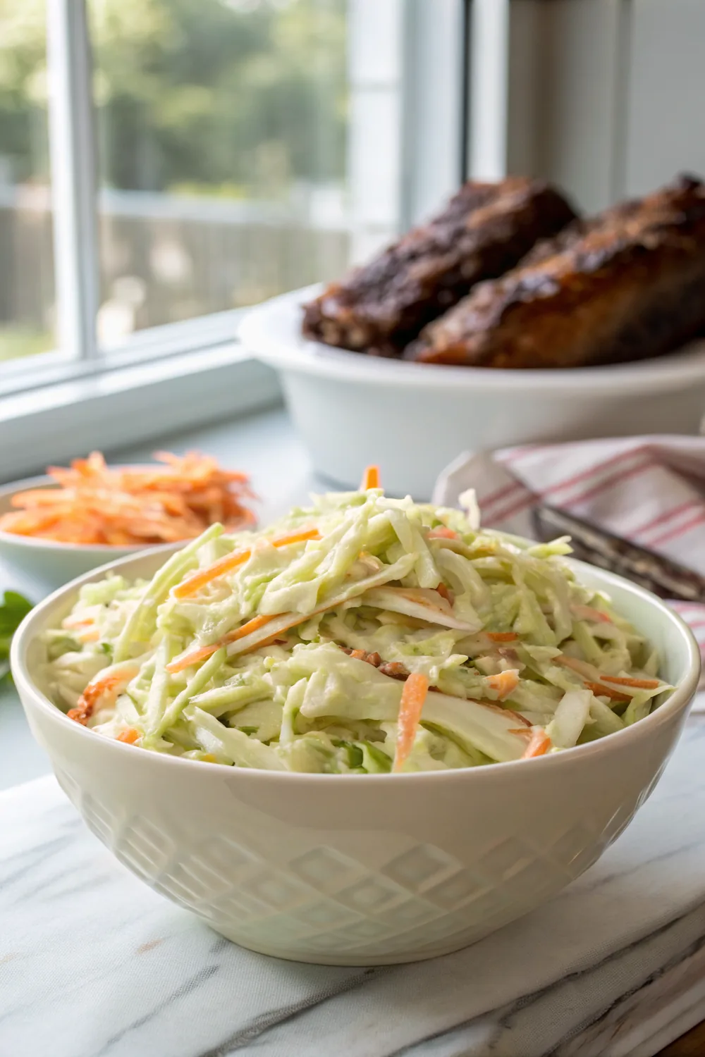 Vertical shot of a deep bowl piled high with creamy coleslaw, pale green cabbage ribbons and bright carrot shreds, a barbecue spread softly out of focus behind