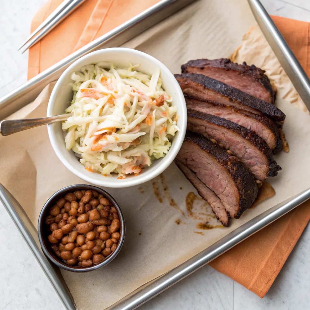 Overhead view of a bowl of creamy coleslaw beside sliced smoked brisket and a scoop of pinto beans on a metal barbecue tray lined with peach paper