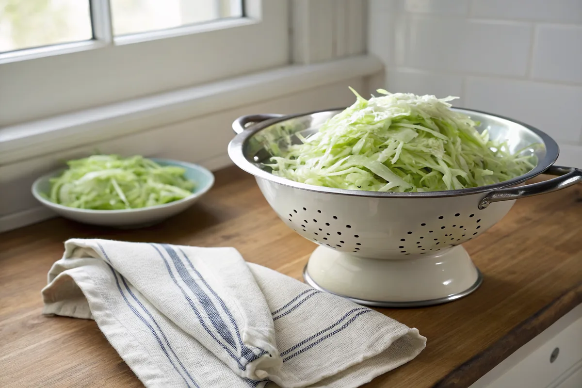 Thin sliced green cabbage draining in a metal colander set over a glass bowl with released cabbage water pooled below