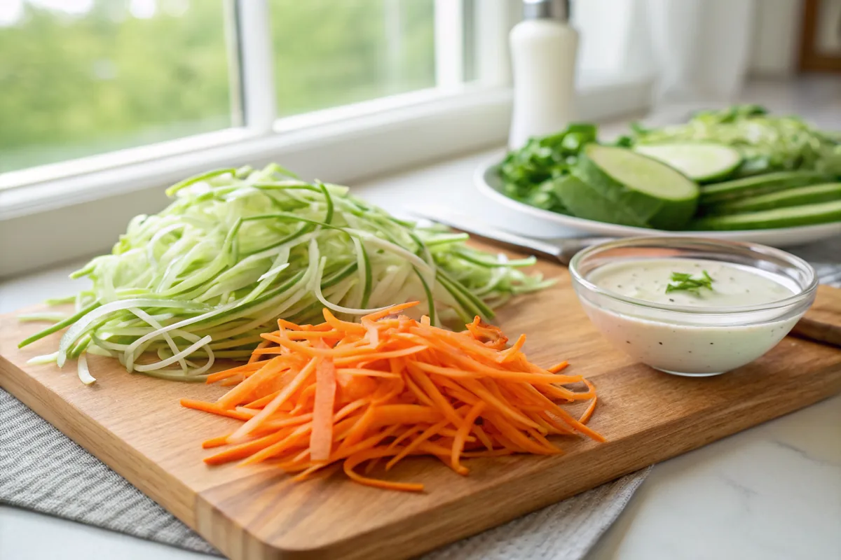 Wooden cutting board covered with neat piles of thinly sliced green cabbage ribbons and coarsely grated carrot ready for salting