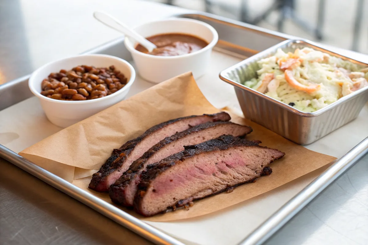 Metal barbecue tray lined with peach paper holding sliced brisket, a scoop of creamy coleslaw in a paper boat and pinto beans