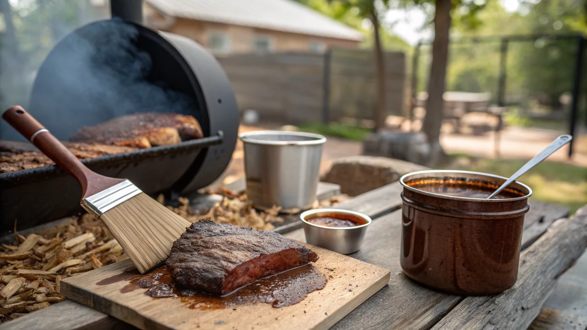 A pot of thin dark Texas BBQ mop sauce next to a basting mop brush and a smoking brisket on a post oak smoker in a Texas backyard