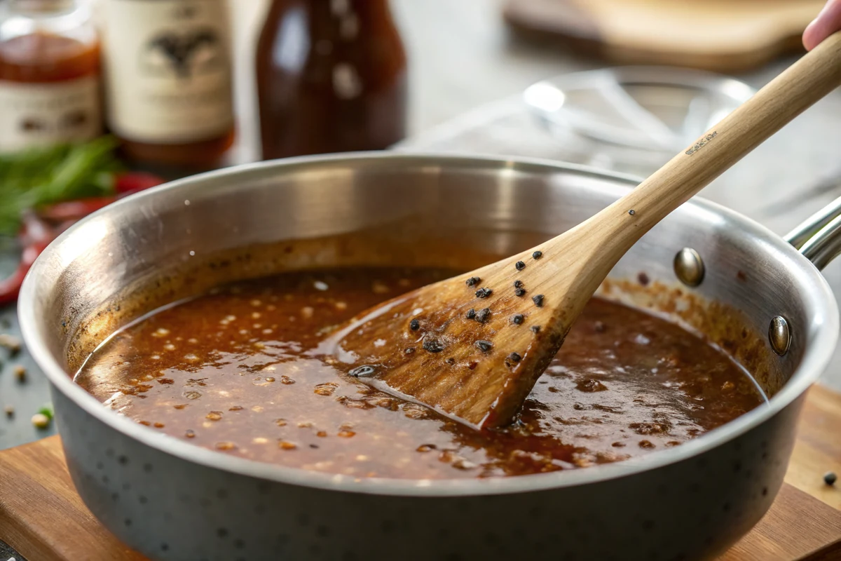 Close-up of thin vinegar and beef stock mop sauce being stirred in a saucepan with flecks of black pepper and rub visible