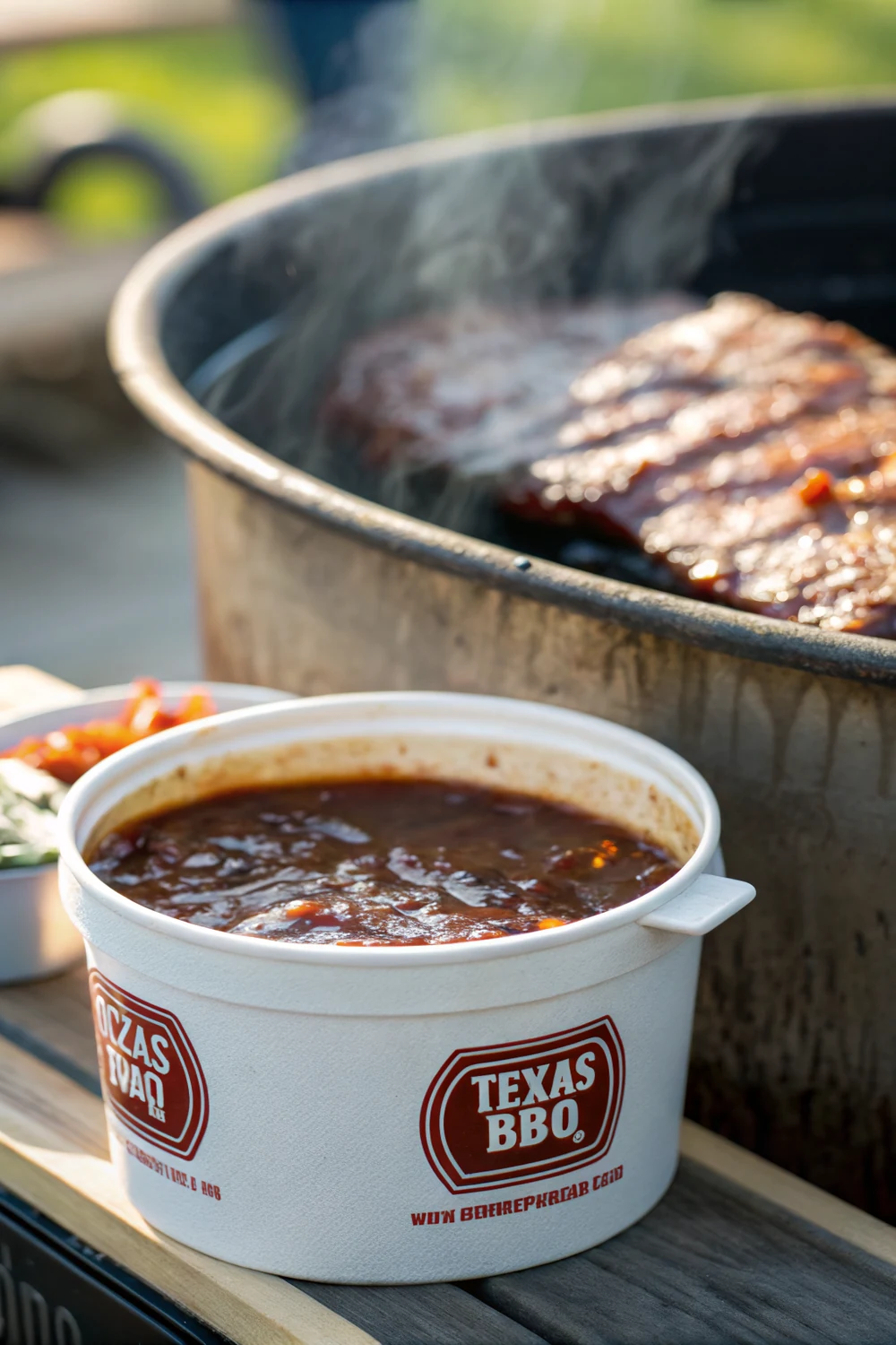 Texas BBQ mop sauce in a pot with a basting mop and a smoking brisket behind it, save this thin vinegar mop sauce recipe for brisket and ribs
