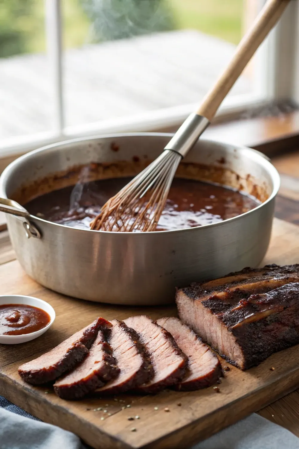 Texas BBQ mop sauce in a pot with a basting mop and a smoking brisket behind it, save this thin vinegar mop sauce recipe for brisket and ribs