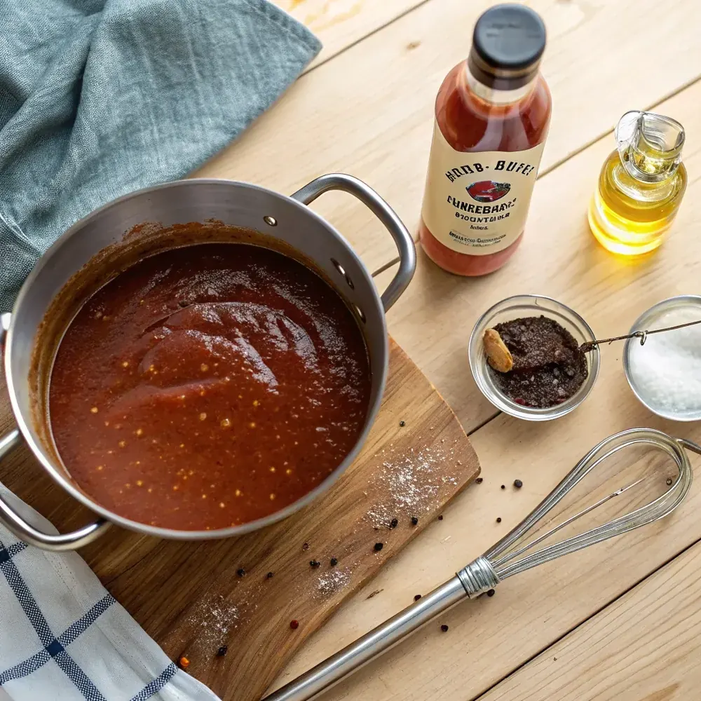 Overhead of a saucepan of Texas BBQ mop sauce with a cotton basting mop, apple cider vinegar, and a jar of salt-and-pepper rub on a wood table