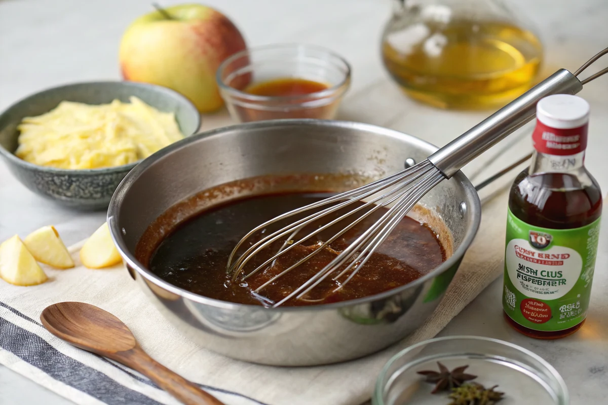 Beef stock, apple cider vinegar, Worcestershire, and oil being whisked together in a saucepan into a thin dark mop sauce