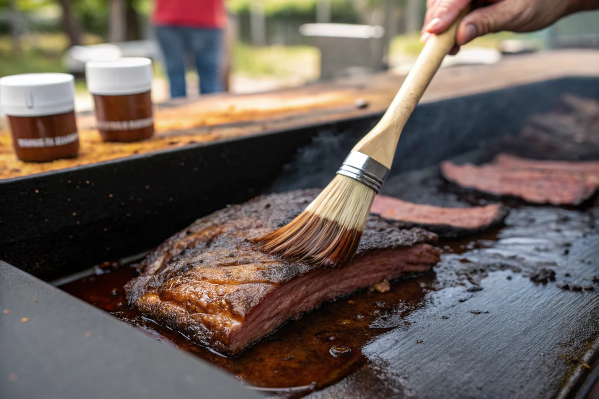 A cotton basting mop swabbing thin mop sauce across the dark set bark of a brisket inside a smoker