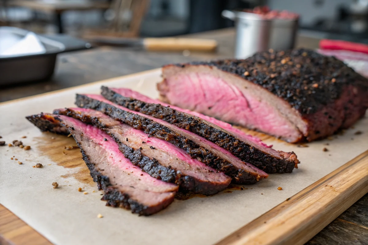 A finished sliced brisket with a dark peppery bark and a pink smoke ring resting on butcher paper after a long post oak smoke