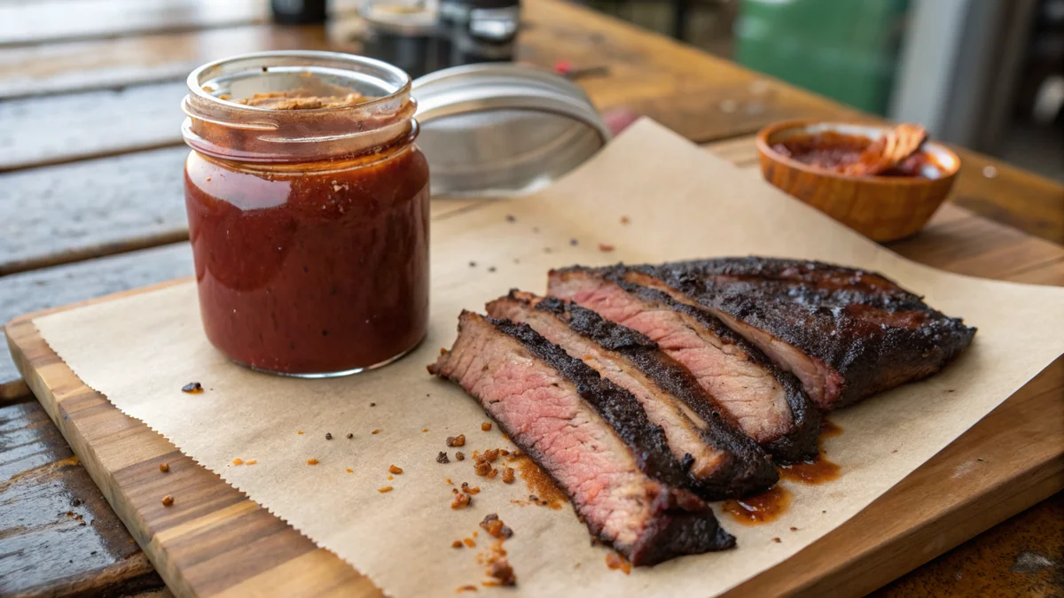 Glass mason jar of dark brick-red Texas BBQ sauce with a wooden spoon, sliced brisket on butcher paper softly blurred behind