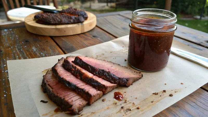 Thin pourable Texas BBQ sauce drizzling from a squeeze bottle onto a chopped beef sandwich, glossy with visible spice flecks