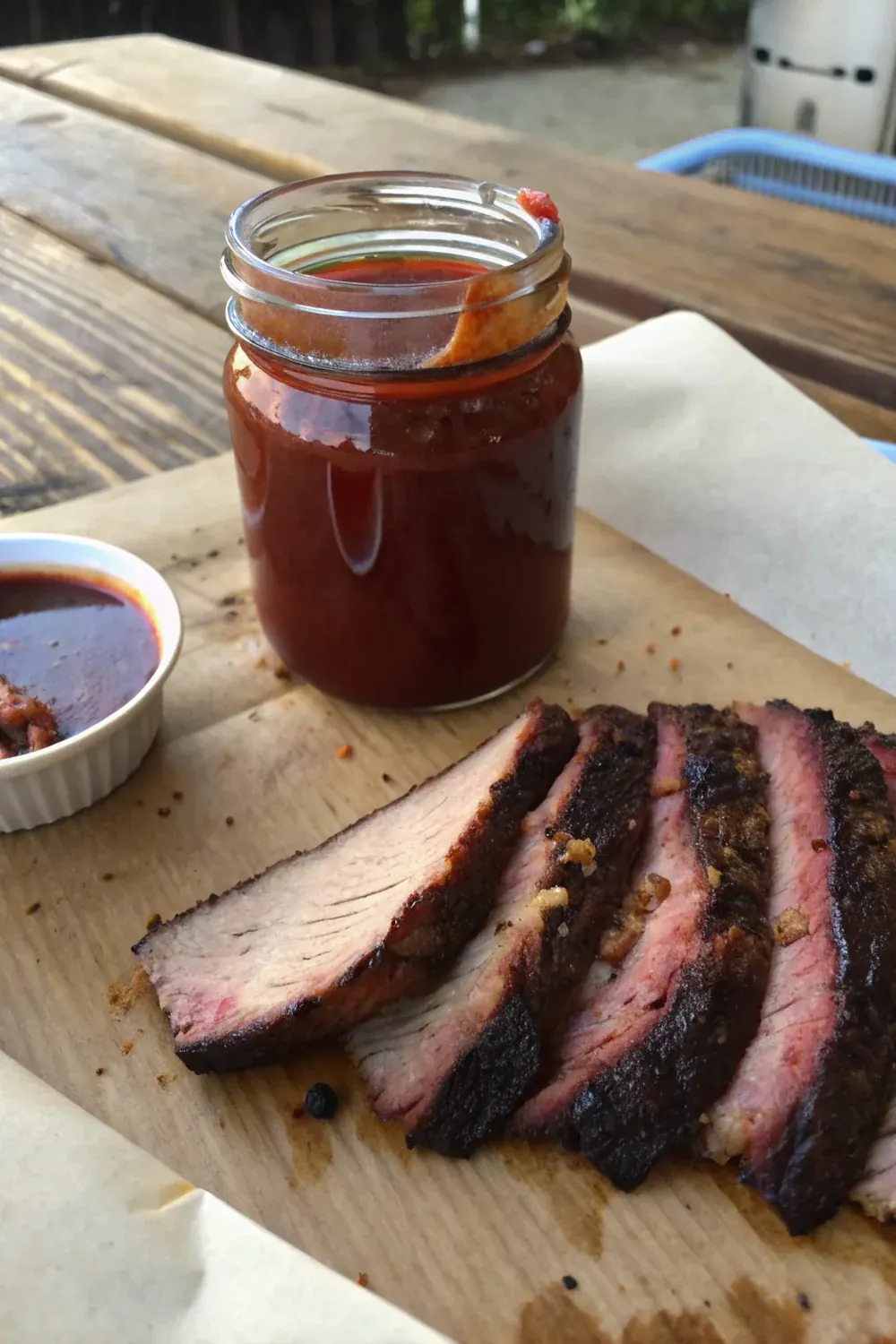 Vertical shot of a squeeze bottle of Texas BBQ sauce next to a Lockhart brisket plate with white bread, save this Texas recipe