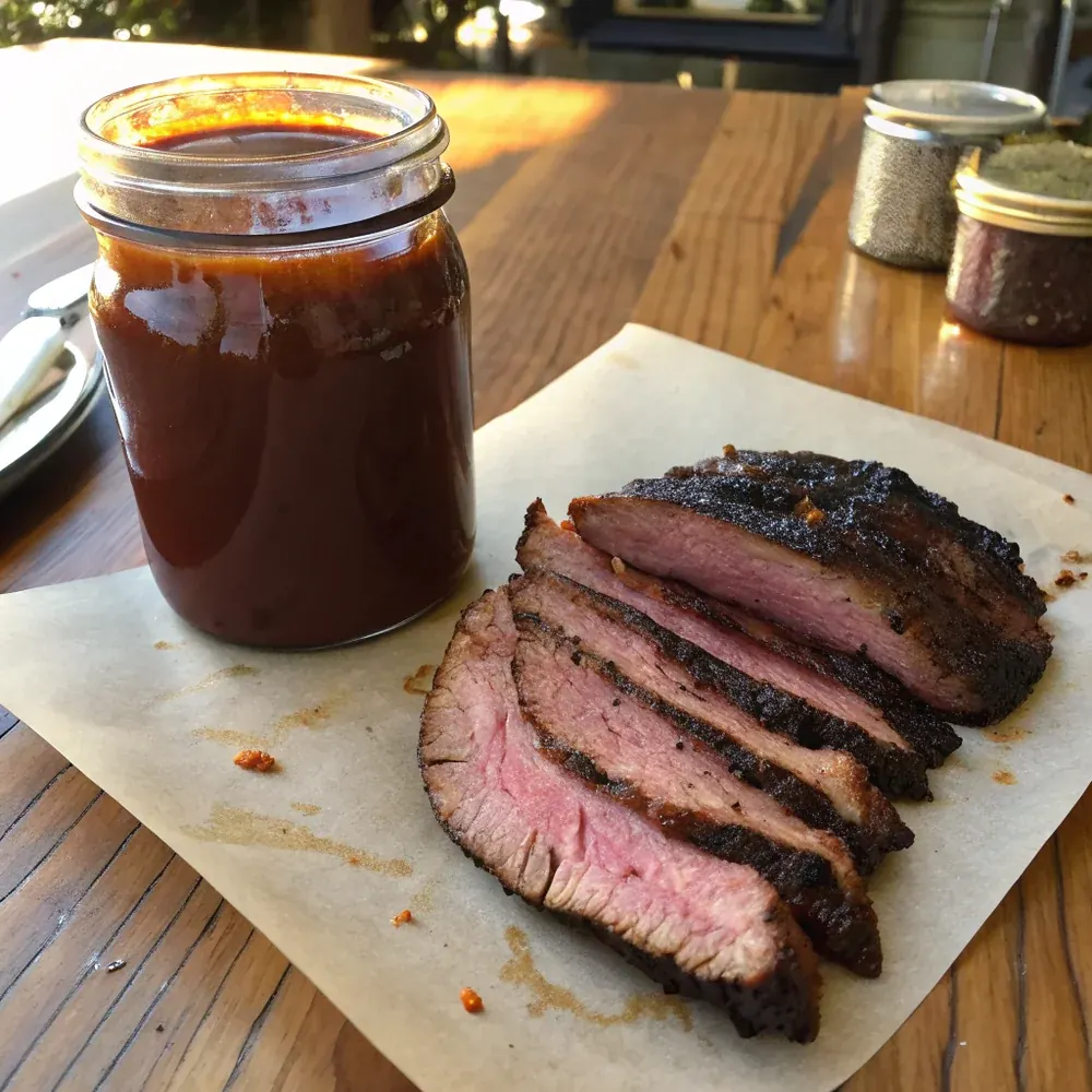 Overhead view of three glass jars of homemade Texas BBQ sauce on a wooden Hill Country counter beside a smoked brisket flat