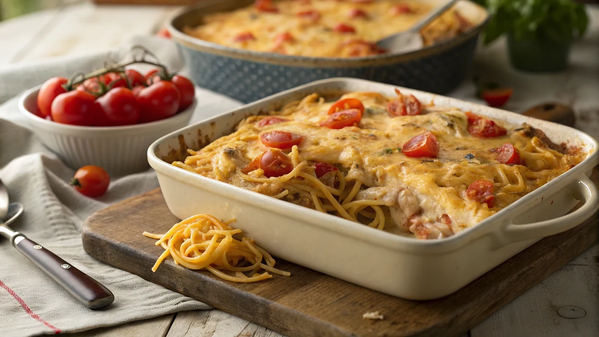 Texas chicken spaghetti casserole with bubbly cheese and Rotel tomatoes in a 9x13 dish