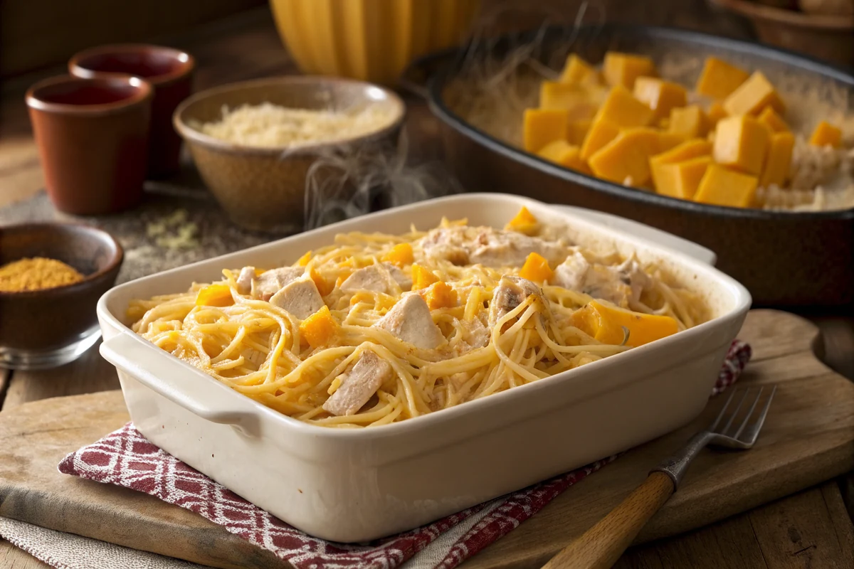 Layering chicken spaghetti casserole with Velveeta cheese cubes and shredded chicken