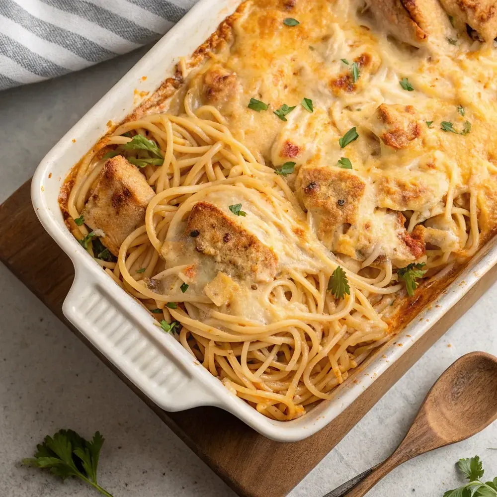 Top-down chicken spaghetti casserole with golden brown bubbly top