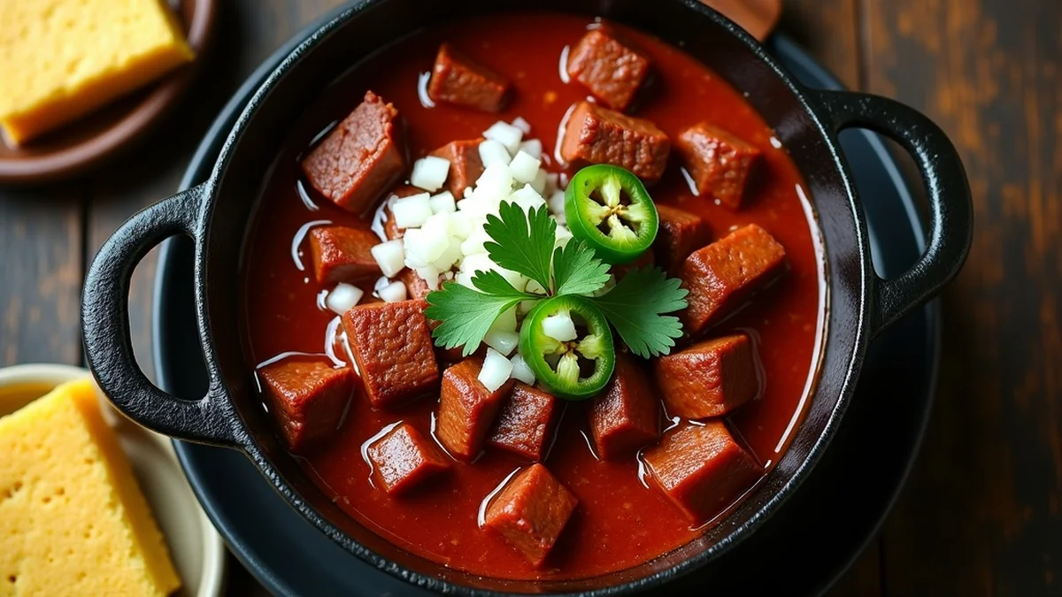 Texas chili in a black cast iron Dutch oven with deep red color, visible cubed beef chunks, no beans, garnished with raw white onion, sliced jalapeno, and shredded sharp cheddar
