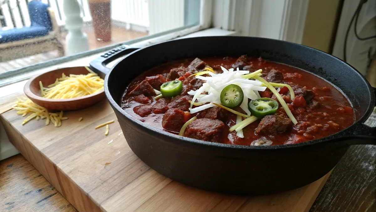 Texas Chili recipe by Chef Mia, photographed in a natural light Texas kitchen