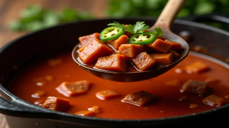 Close-up of Texas chili showing the cubed beef chuck pieces, dark red ancho-chile broth thickened with masa, the no-bean Terlingua style