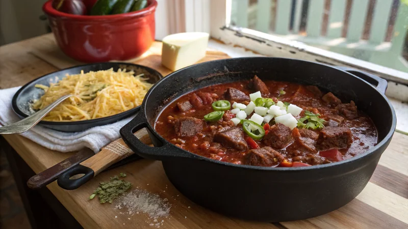 Close-up of Texas chili showing the cubed beef chuck pieces, dark red ancho-chile broth thickened with masa, the no-bean Terlingua style