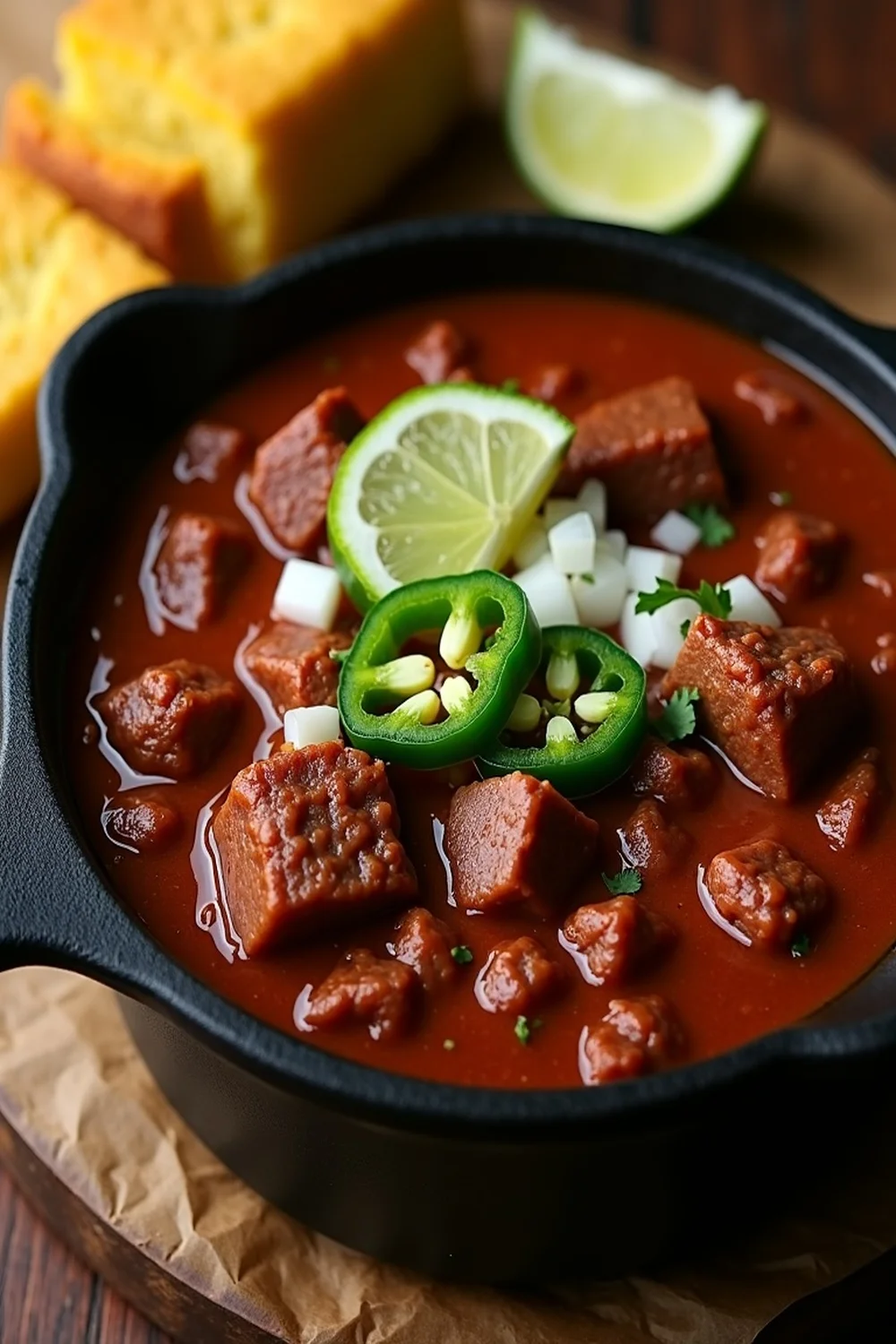 Texas chili Terlingua-style no beans recipe vertical view, save for the next chili cookoff or winter Sunday supper