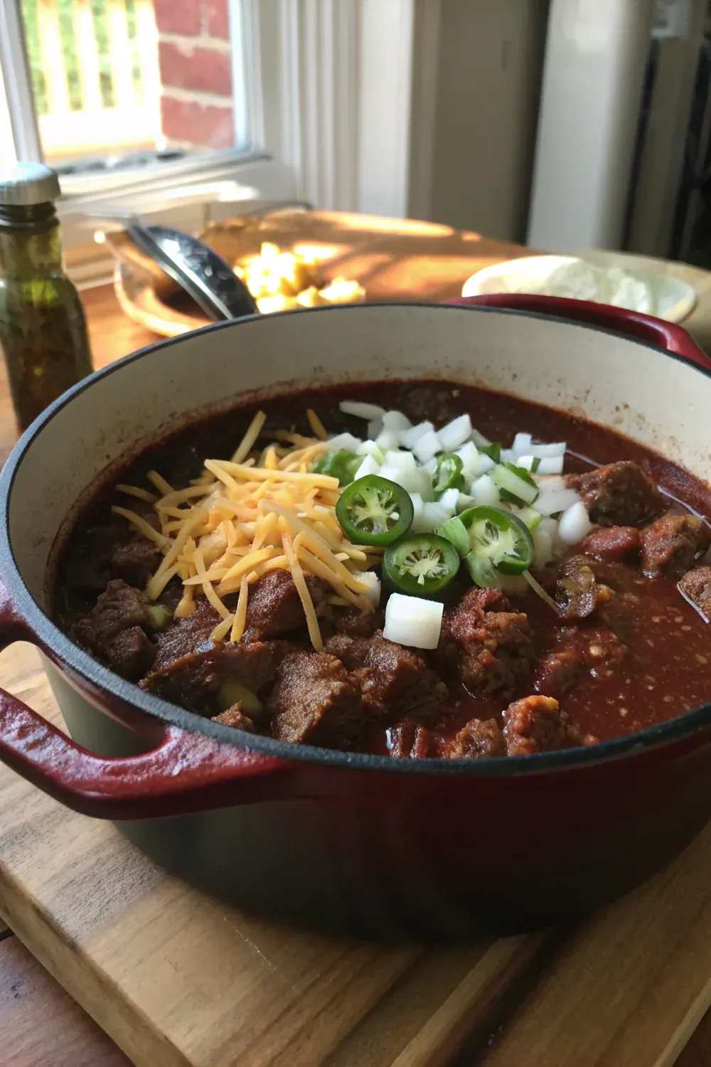 Texas chili Terlingua-style no beans recipe vertical view, save for the next chili cookoff or winter Sunday supper