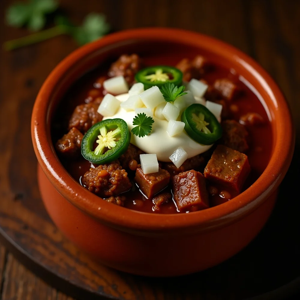 Overhead view of a bowl of Texas chili with cornbread, raw onion, lime, sour cream, and shredded cheese on the side, served on a Texas pine table