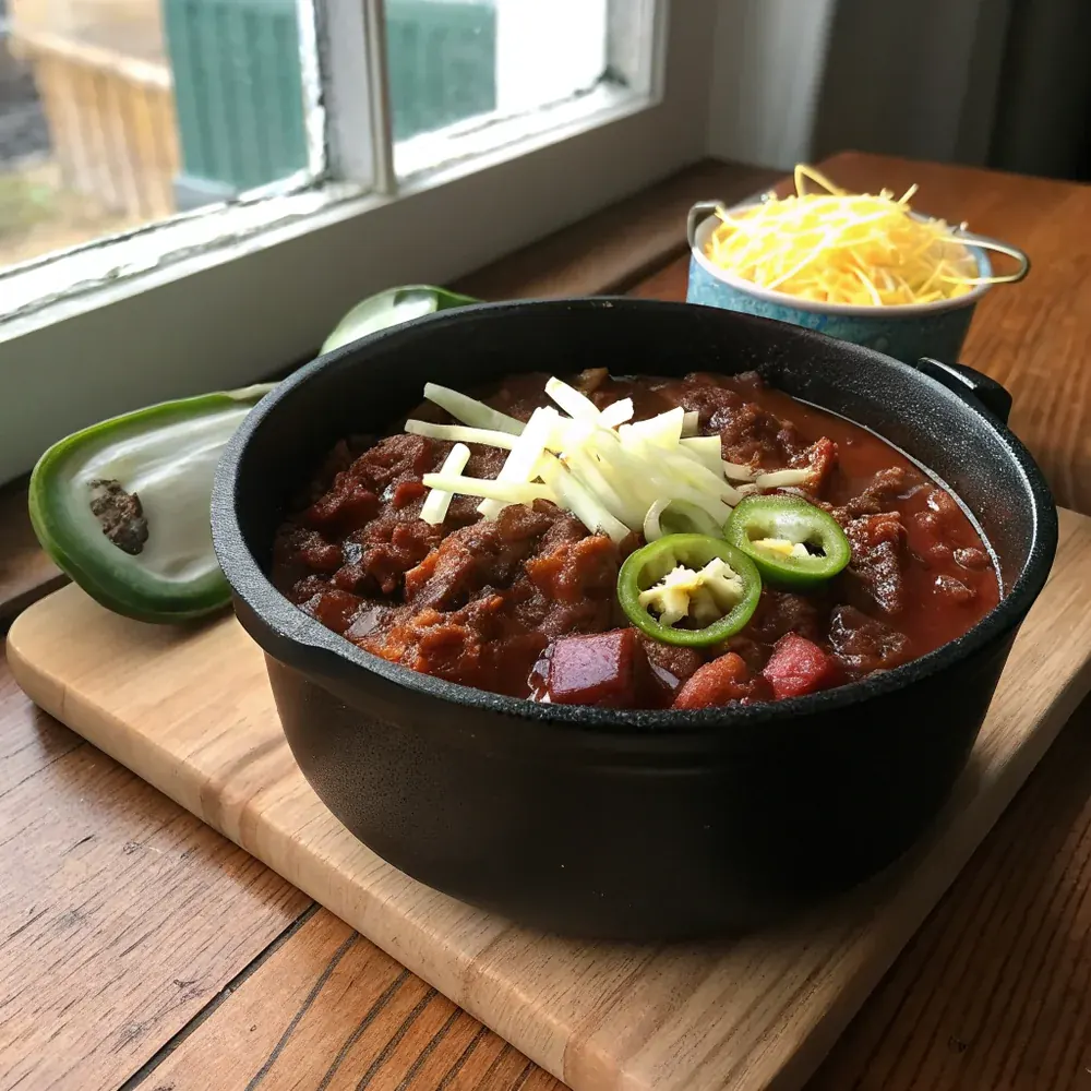 Overhead view of a bowl of Texas chili with cornbread, raw onion, lime, sour cream, and shredded cheese on the side, served on a Texas pine table