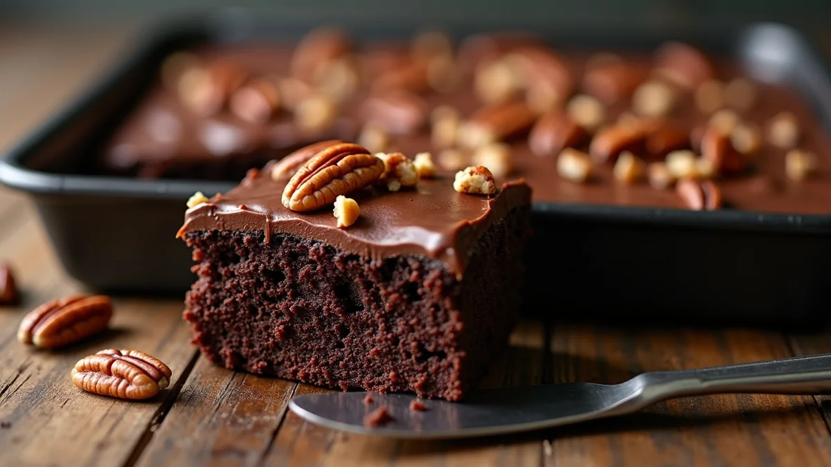 Texas chocolate sheet cake in a dark 9x13 pan, glossy chocolate frosting cascading over edges, chopped San Saba pecans scattered on top