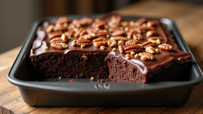 Close-up slice of Texas chocolate sheet cake showing dense fudgy crumb, thick pecan-studded frosting, served on a Hill Country potluck plate