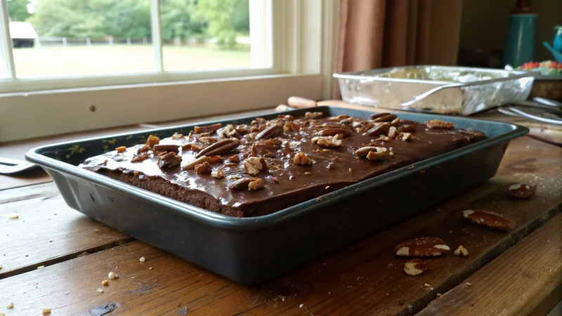 Close-up slice of Texas chocolate sheet cake showing dense fudgy crumb, thick pecan-studded frosting, served on a Hill Country potluck plate