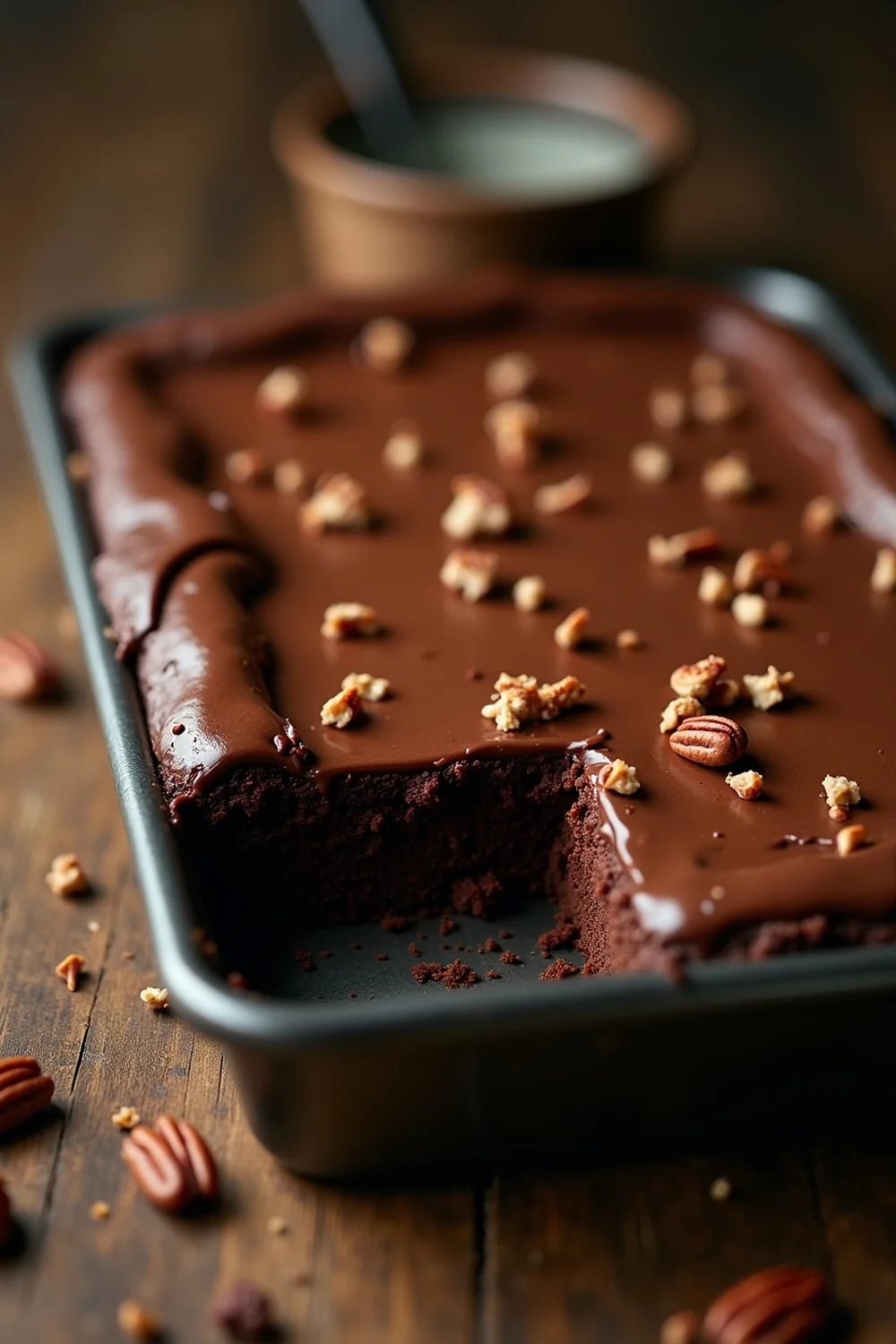 Vertical view of Texas chocolate sheet cake being sliced, fudgy interior visible, glossy pecan frosting, save this Hill Country potluck recipe