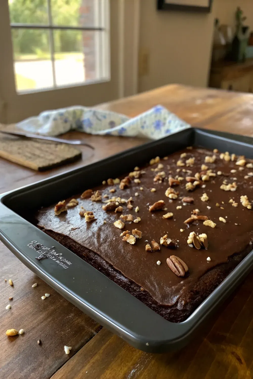 Vertical view of Texas chocolate sheet cake being sliced, fudgy interior visible, glossy pecan frosting, save this Hill Country potluck recipe