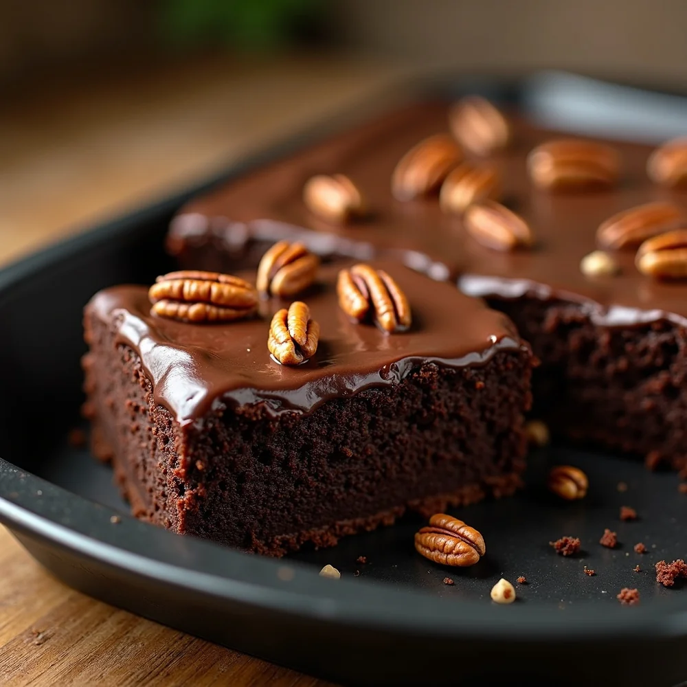 Overhead view of a Texas chocolate sheet cake in a black metal 9x13 pan, freshly frosted, pecans sprinkled across the surface