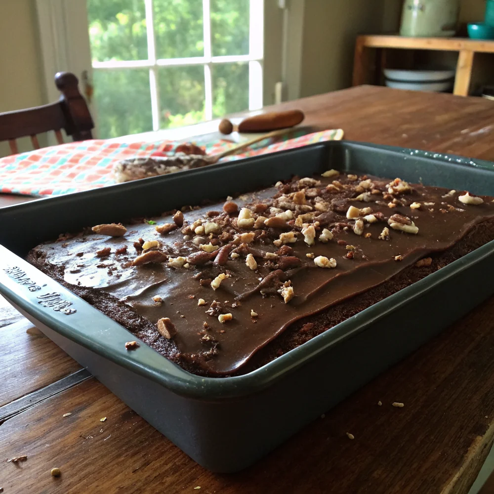 Overhead view of a Texas chocolate sheet cake in a black metal 9x13 pan, freshly frosted, pecans sprinkled across the surface