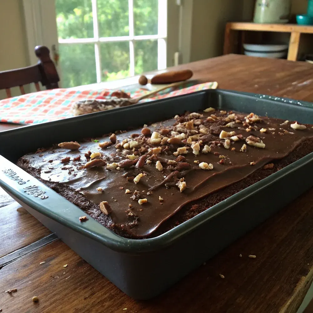 Overhead view of a Texas chocolate sheet cake in a black metal 9x13 pan, freshly frosted, pecans sprinkled across the surface