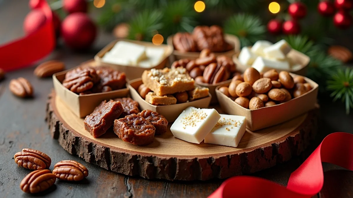 Festive Texas Christmas candy assortment on a rustic wood board: pecan pralines, white divinity pieces, peanut brittle slabs, fudge squares, salted caramel pecans, all arranged together for holiday gift presentation with kraft paper boxes, evergreen sprigs, warm holiday lighting