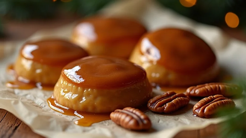 Close-up of glistening pecan pralines on parchment paper with deep amber caramelized sugar visible holding pecan halves, holiday kitchen background, magazine quality