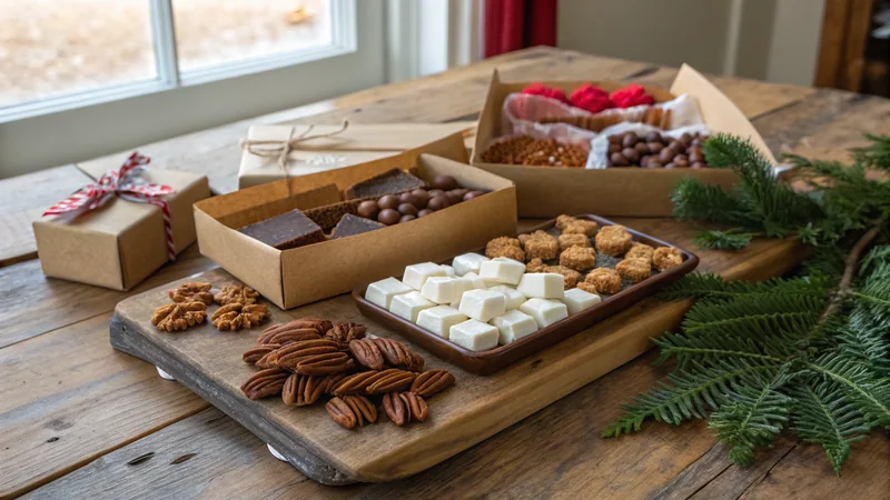 Close-up of glistening pecan pralines on parchment paper with deep amber caramelized sugar visible holding pecan halves, holiday kitchen background, magazine quality
