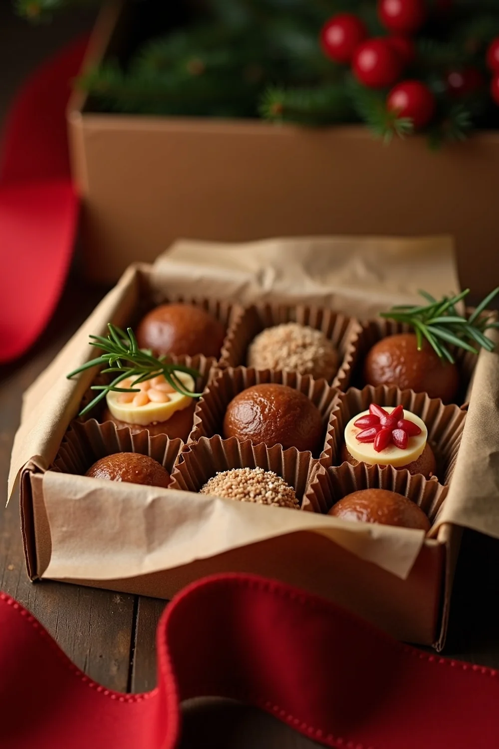 Vertical view of Texas Christmas candy gift box being assembled, kraft paper box with parchment lining, hand placing pralines and divinity into sections, evergreen and red ribbon garnish, Hill Country Christmas aesthetic
