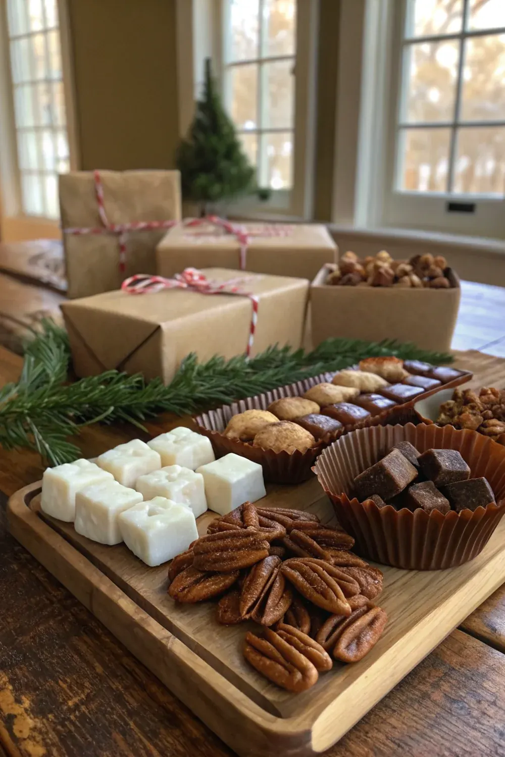 Vertical view of Texas Christmas candy gift box being assembled, kraft paper box with parchment lining, hand placing pralines and divinity into sections, evergreen and red ribbon garnish, Hill Country Christmas aesthetic