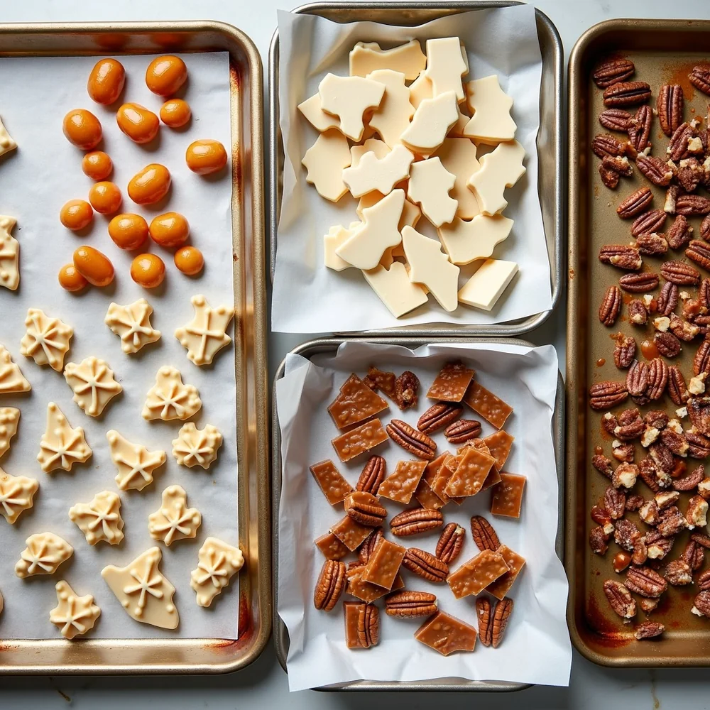 Overhead view of multiple Texas Christmas candies arranged on parchment-lined sheet pans cooling: pralines, divinity, brittle, fudge, toffee, salted caramel pecans, ready for gift box packaging