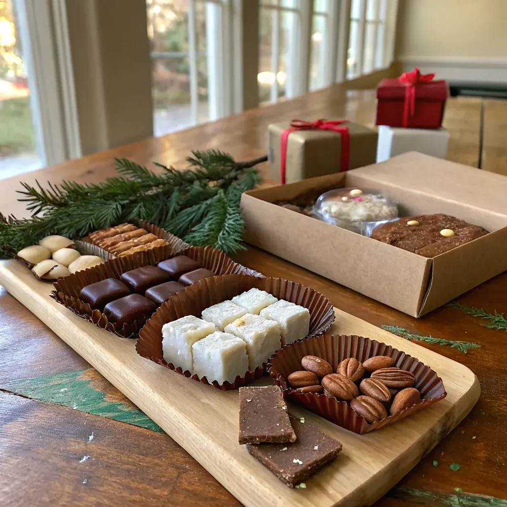 Overhead view of multiple Texas Christmas candies arranged on parchment-lined sheet pans cooling: pralines, divinity, brittle, fudge, toffee, salted caramel pecans, ready for gift box packaging