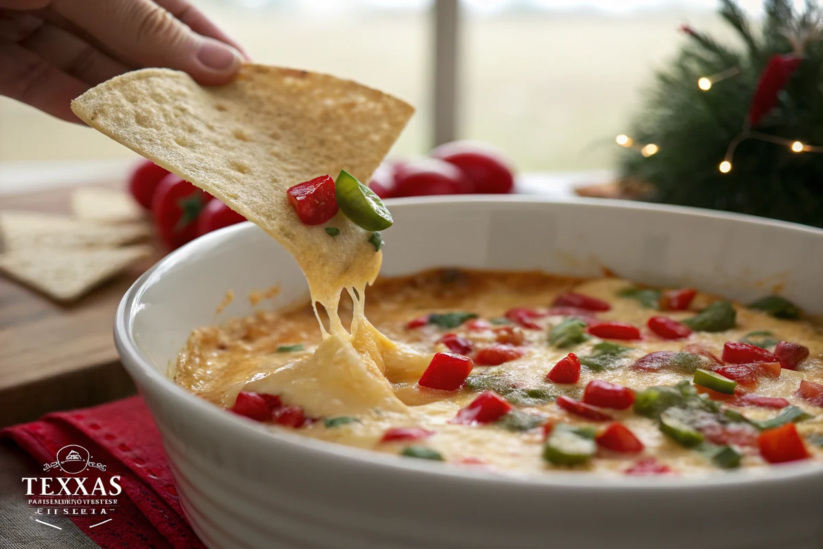 Close-up of warm cheesy Christmas dip being scooped with a tortilla chip, melty cream cheese base with visible red and green pepper pieces