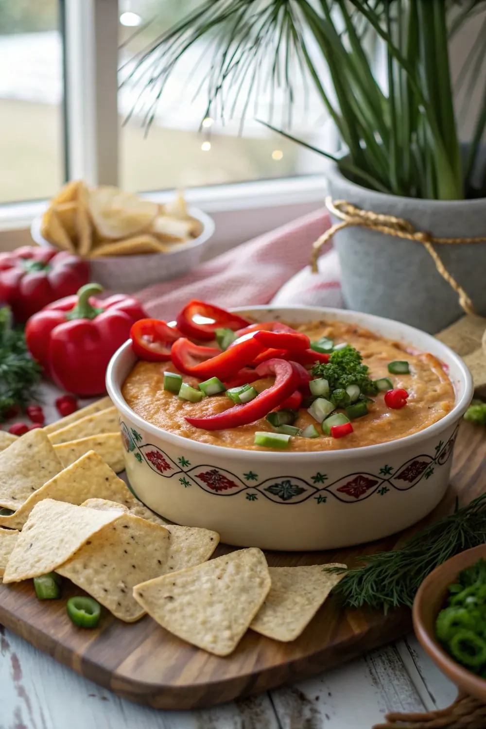 Vertical photo of warm Texas Christmas dip with red and green peppers, save this easy festive holiday party dip recipe for Christmas