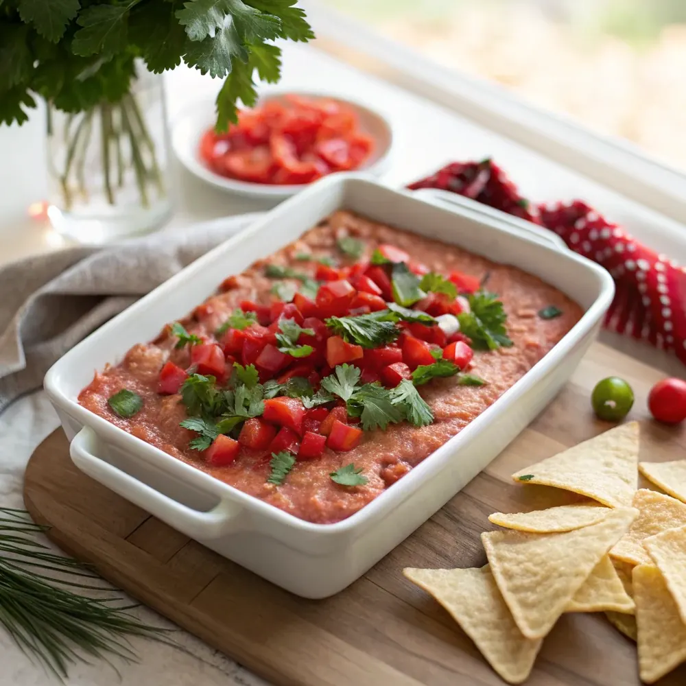 Overhead view of festive red and green Tex-Mex Christmas dip in a white baking dish garnished with chopped cilantro and diced red pepper