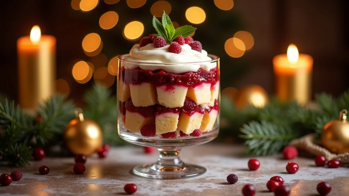 Layered Christmas trifle in tall clear glass bowl showing distinct visible layers from bottom to top: golden pound cake cubes, bourbon-soaked red berries (cranberries and raspberries), smooth vanilla custard, more pound cake, more berries, fluffy whipped cream topping with mint sprig garnish, festive Christmas table setting with candles and evergreen sprigs, warm holiday lighting