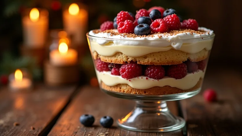 Close-up side view of the layered trifle showing the cross-section of pound cake, berries, custard, and whipped cream stacked, the bowl glass reflecting candlelight
