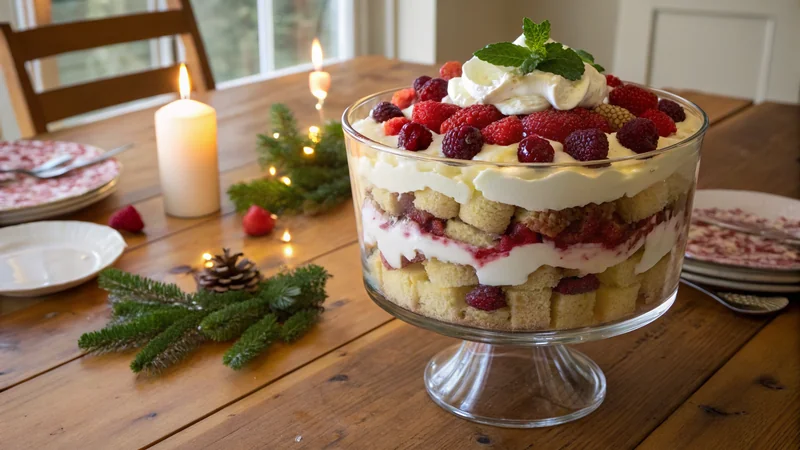 Close-up side view of the layered trifle showing the cross-section of pound cake, berries, custard, and whipped cream stacked, the bowl glass reflecting candlelight